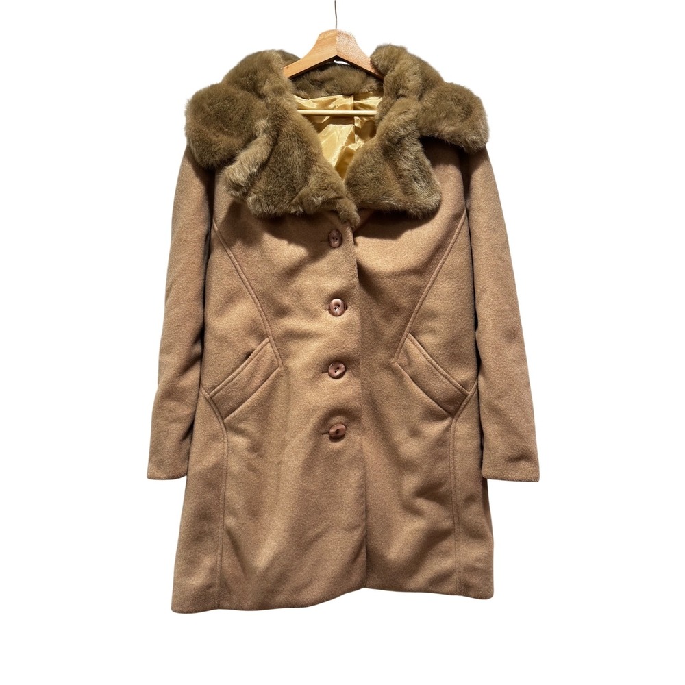 Vintage Camel Faux Fur Collar Wool Blend Coat Women's Union Made estimate Size M